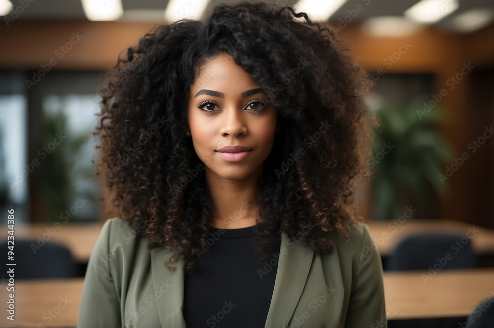 Confident young woman with curly hair in a professional office setting, dressed stylishly embodying modern workplace diversity and elegance. Confident young woman with curly hair in a professional office setting, dressed stylishly embodying modern workplace diversity and elegance.