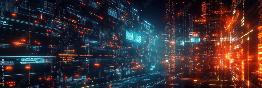 Neon Cityscape with Data Streams Neon Cityscape with Data Streams
