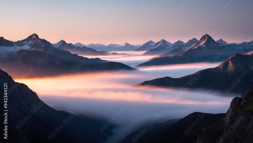 Breathtaking view of mountain peaks shrouded in mist at sunrise, showcasing the serene beauty of nature. Ideal for travel or outdoor enthusiasts. Breathtaking view of mountain peaks shrouded in mist at sunrise, showcasing the serene beauty of nature. Ideal for travel or outdoor enthusiasts.
