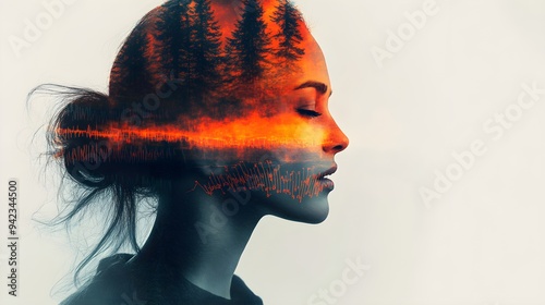 A voice recognition assistant in double exposure with biometric patterns and soundwaves.--style raw photo