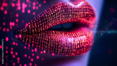 Double exposure of lips in mid-speech overlaid with binary code, illustrating the synergy between human expression and AI interpretation in modern communication