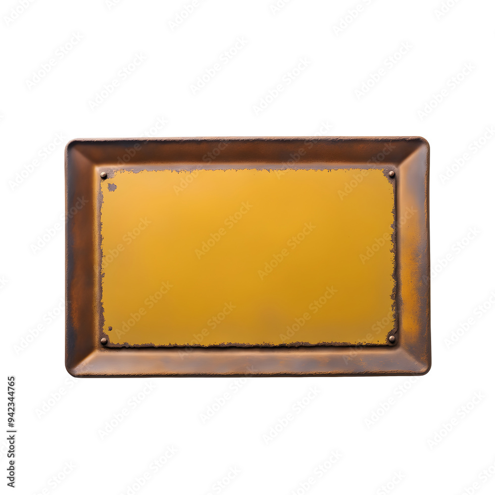 Placa de metal retangular amarela com partes enferrujadas em fundo transparente, sem fundo Placa de metal retangular amarela com partes enferrujadas em fundo transparente, sem fundo