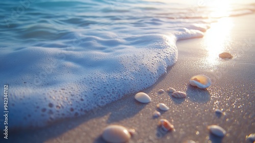 A close-up of gentle ocean waves lapping against a sandy shore, with tiny seashells scattered along the beach photo