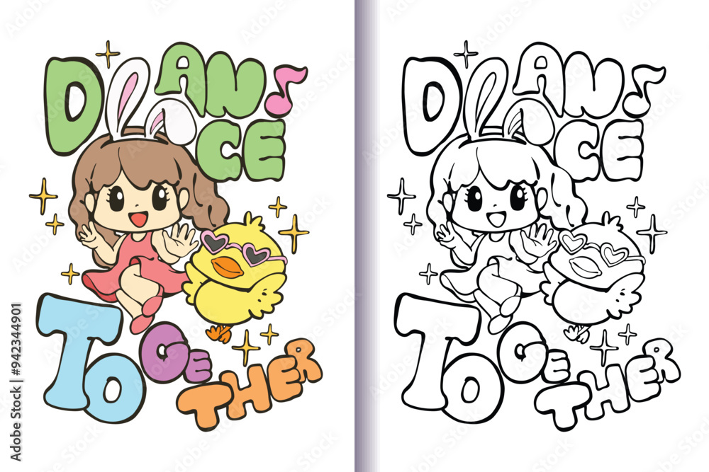 Fototapeta premium Coloring book or page for kids, Cartoon illustration of a cute little girl with two braids and a little duckling dancing happily with letters.