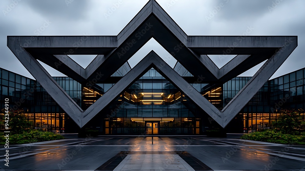 Sleek geometric shapes and a glass facade define this piece of modern architecture. Sleek geometric shapes and a glass facade define this piece of modern architecture.