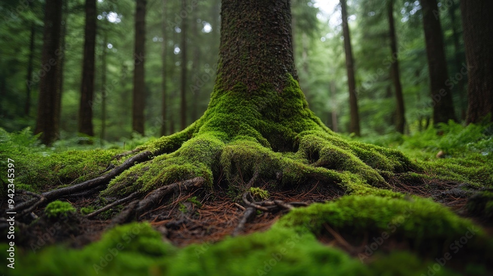 Obraz premium A close-up of moss growing on the roots of a tree in a dense forest, showcasing the intricate details of the forest floor with ample copy space.