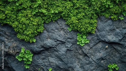 A close-up of lush green moss covering a rock surface, with tiny details of the texture and color, perfect for nature-themed designs with ample copy space.