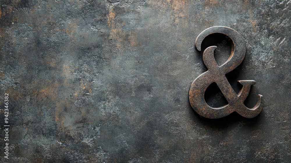 Rusty ampersand on textured, weathered gray metal background Rusty ampersand on textured, weathered gray metal background
