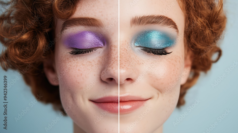 Obraz premium A detailed close-up of two different eye makeup styles: one with subtle peach tones and the other with bold teal and yellow hues.