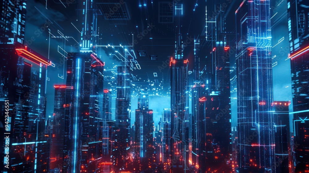 Fototapeta premium Cyberpunk Cityscape with Glowing Neon Lights