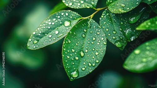 A close-up of water droplets clinging to a green leaf after a rainstorm, highlighting the freshness of nature.