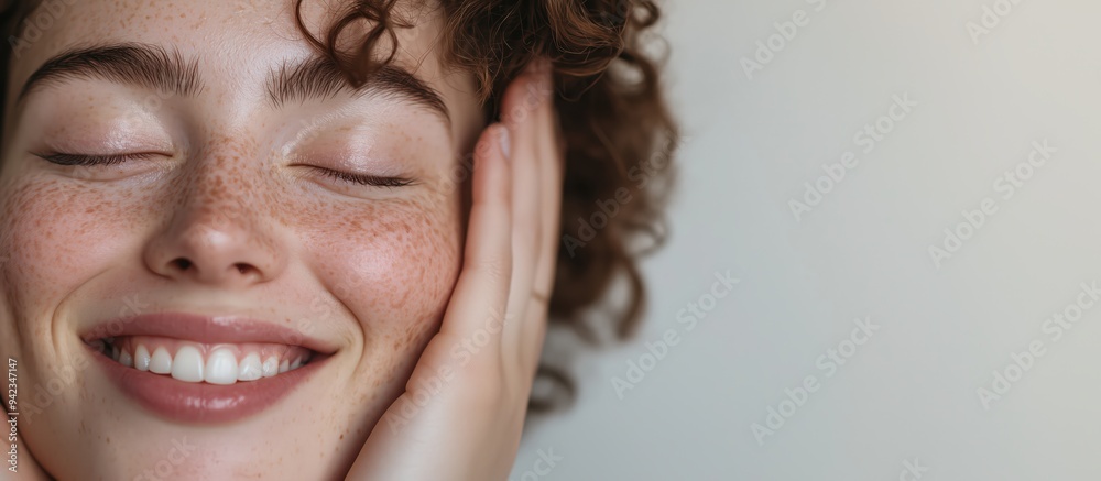 A close-up image of a joyful woman with freckles, eyes closed, and a bright smile, radiating natural beauty and happiness. A close-up image of a joyful woman with freckles, eyes closed, and a bright smile, radiating natural beauty and happiness.