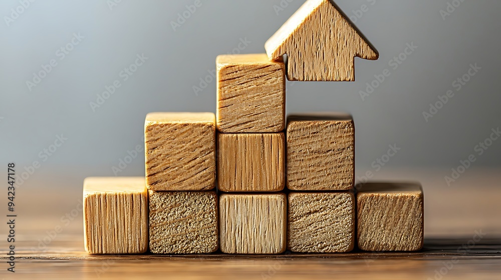 Wooden house blocks symbolize growth in a conceptual arrangement, building toward success. Wooden house blocks symbolize growth in a conceptual arrangement, building toward success.