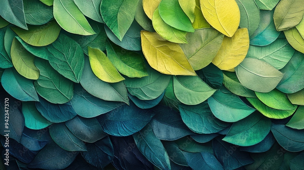 Obraz premium A collage of overlapping leaves in different shades of green, creating a layered, abstract nature background.