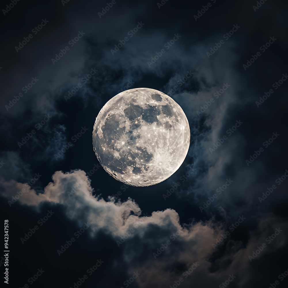 A luminous full moon surrounded by dark clouds in a night sky. A luminous full moon surrounded by dark clouds in a night sky.