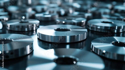 Close-up of high-precision metal discs used in automated forging processes, advanced metalworking technology and future manufacturing techniques.