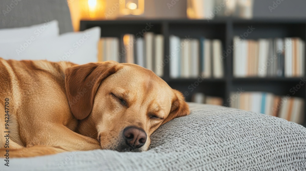 A cozy, sleeping dog resting peacefully on a soft blanket in a warm home setting, surrounded by books and gentle light. A cozy, sleeping dog resting peacefully on a soft blanket in a warm home setting, surrounded by books and gentle light.