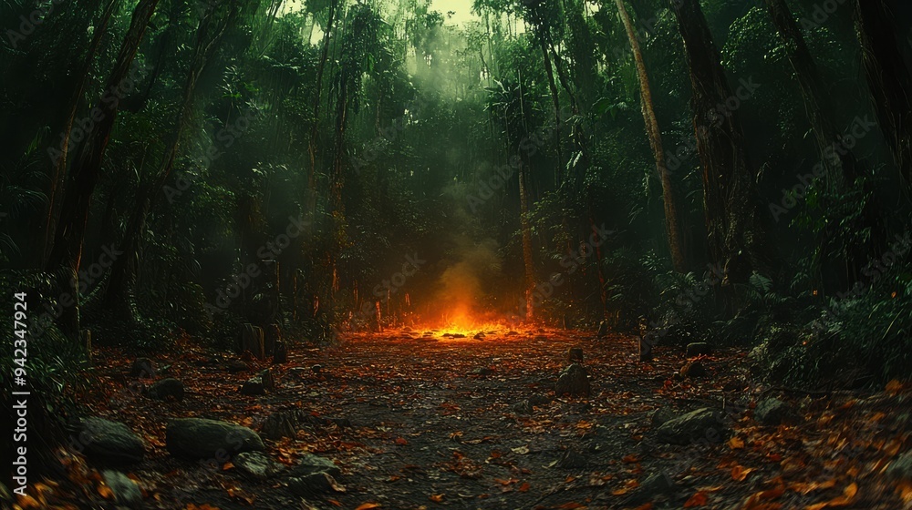Tranquil Forest Scene at Dusk with a Bright Campfire Illuminating the Dense Greenery and Summer Night Atmosphere Tranquil Forest Scene at Dusk with a Bright Campfire Illuminating the Dense Greenery and Summer Night Atmosphere