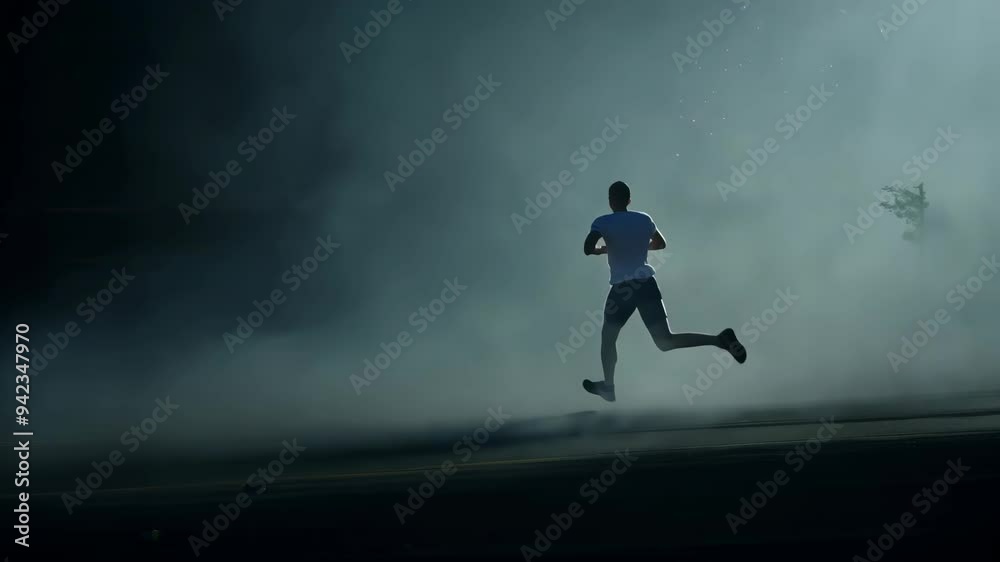 Male Athlete Running Through Thick Smoke in a Dark Environment, Slow Motion Male Athlete Running Through Thick Smoke in a Dark Environment, Slow Motion