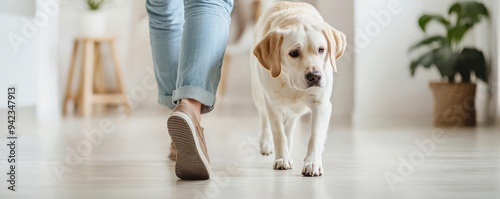 A happy dog walks alongside its owner in a modern indoor setting, showcasing the companionship and joy of pet ownership. photo