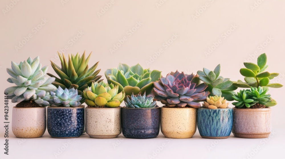 A collection of various succulents in decorative pots, showcasing a range of shapes and colors against a neutral background. A collection of various succulents in decorative pots, showcasing a range of shapes and colors against a neutral background.
