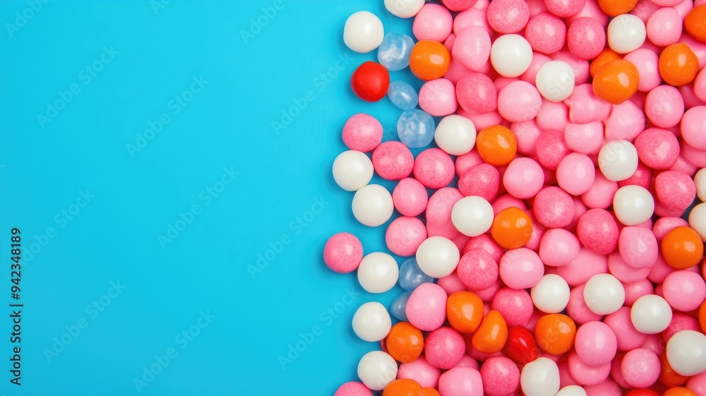 Obraz premium Colorful round candy scattered against bright blue background