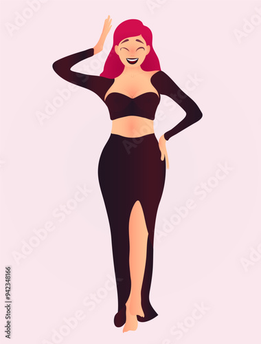 Poolside Glamour: A Stunning Silhouette Basking in the Summer Sun, woman, standing, black dress, high slit, long red hair, confident pose, stylized, digital art