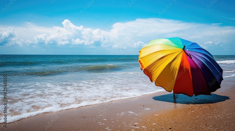 A colorful beach umbrella casting shade on a sunny day, with waves lapping in the background, creating a relaxing summer vibe with space for copy. A colorful beach umbrella casting shade on a sunny day, with waves lapping in the background, creating a relaxing summer vibe with space for copy.