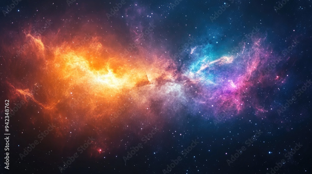 Fototapeta premium A colorful galaxy with bright stars and nebulae, set against the blackness of space. The vibrant scene offers clear space for text.