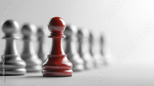 A red chess piece against the background of other pieces. A symbol of victory, uniqueness, and a smart, strategic move.