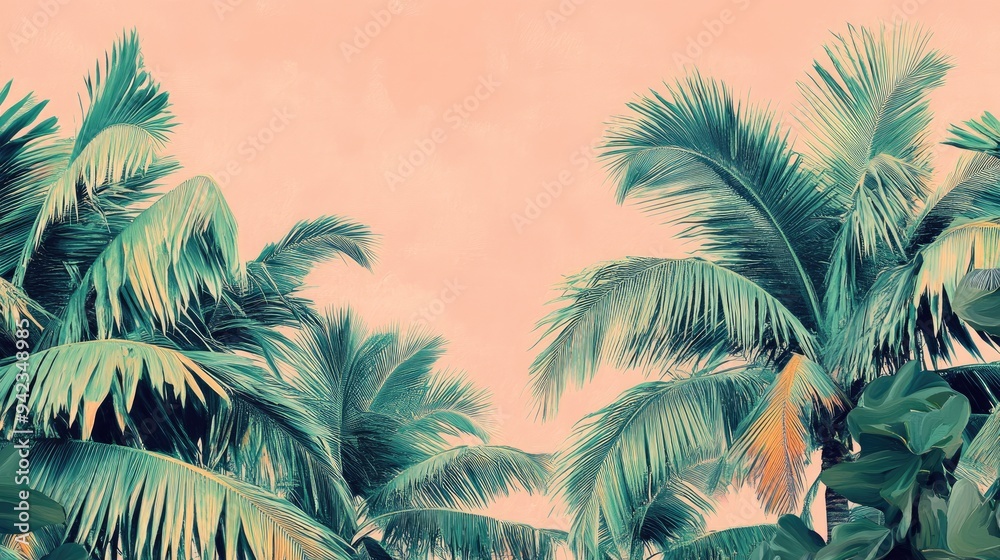 Obraz premium A colorful palm tree pattern with various shades of green, set against a soft pink background, giving a retro vibe.
