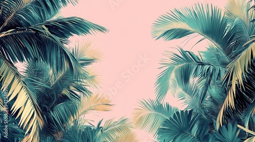 A colorful palm tree pattern with various shades of green, set against a soft pink background, giving a retro vibe.