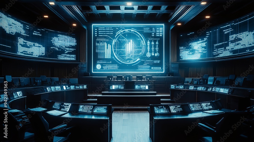 Visual of a futuristic parliament with holographic economic policy presentations, concept of modern legislative economics Visual of a futuristic parliament with holographic economic policy presentations, concept of modern legislative economics