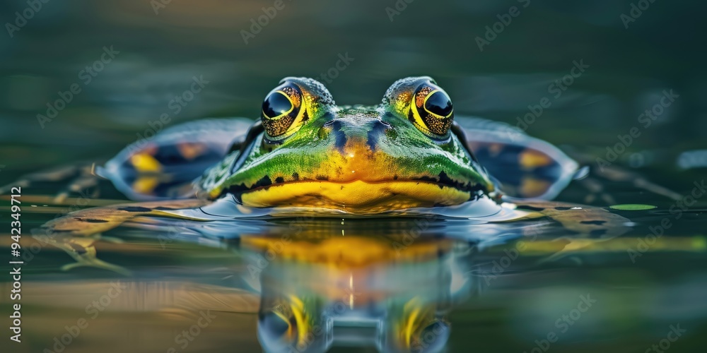 Green European common frog complex swimming in the water body Green European common frog complex swimming in the water body