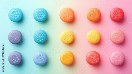 Colorful macaron display on pastel background in an artistic arrangement