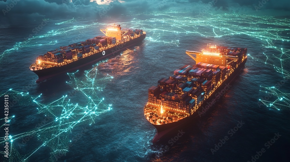Two large cargo ships navigate a digitized ocean map with glowing trade ...