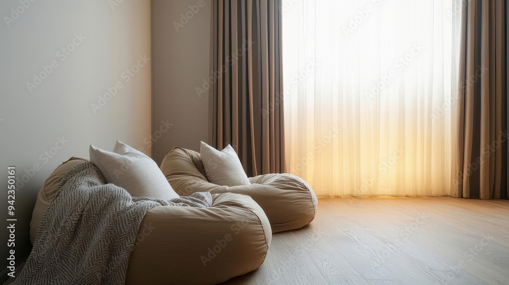 Fototapeta premium Cozy interior featuring two stylish bean bags by a sunlit window, enhancing a serene and inviting atmosphere.