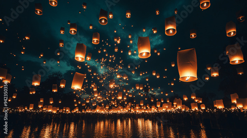 YI Peng lantern festival. Release hot air paper lanterns to sky at night in Loy krathong and Yi Peng Festival