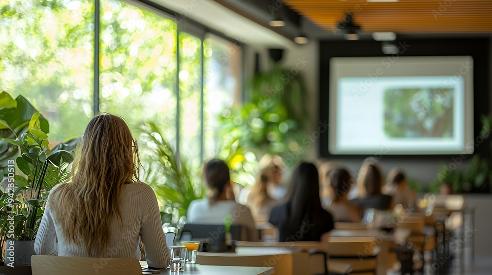 A group of people attending a presentation in a modern, plant-filled setting. A group of people attending a presentation in a modern, plant-filled setting.