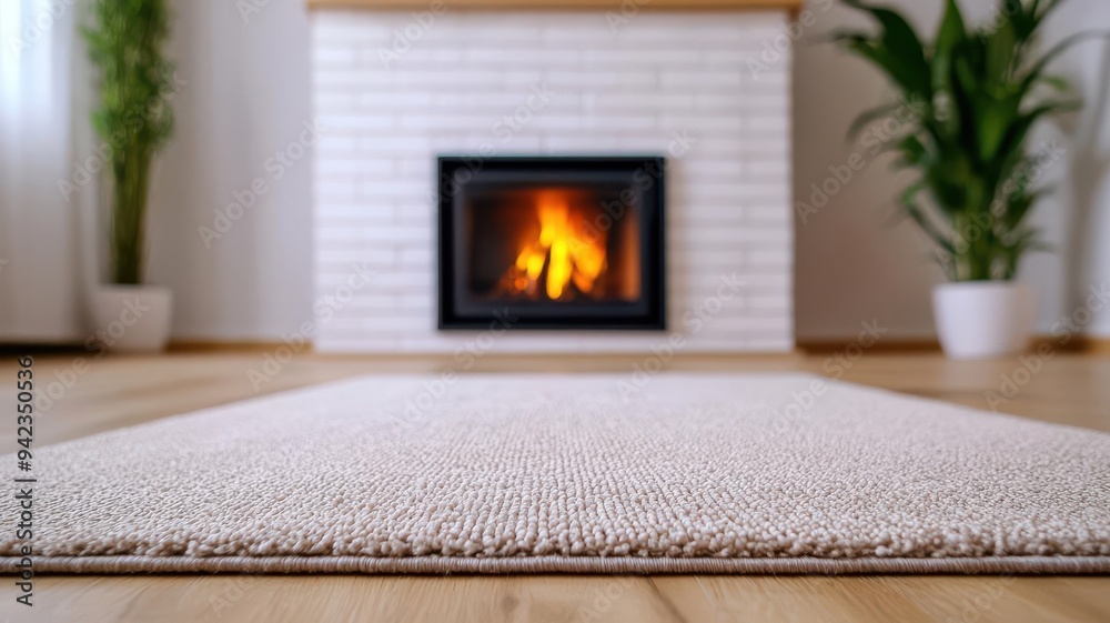 Fototapeta premium Cozy interior with a soft rug in front of a warm fireplace, creating a relaxing atmosphere for home comfort and tranquility.