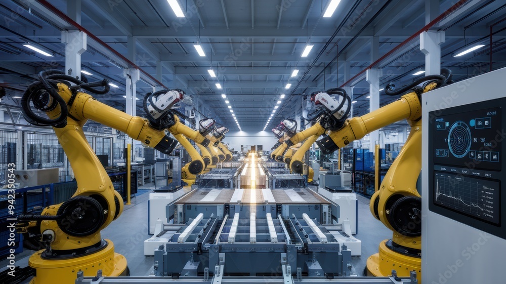 Fototapeta premium A modern factory floor with robotic arms and AI-driven machinery working in perfect synchronization. 