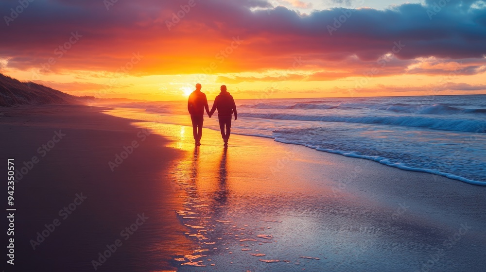 Fototapeta premium A couple walking hand in hand along a beach at sunset, with the ocean waves gently touching their feet.
