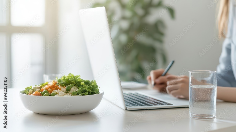 A healthy salad sits beside a laptop as a person writes notes, combining nutrition with productivity in a modern workspace. A healthy salad sits beside a laptop as a person writes notes, combining nutrition with productivity in a modern workspace.