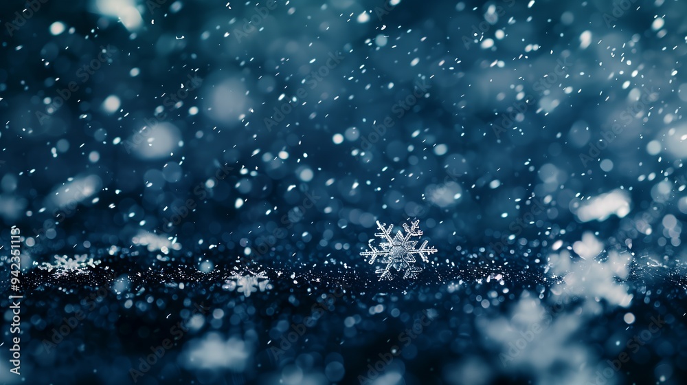 A close-up view of falling snowflakes on a dark, shimmering background. A close-up view of falling snowflakes on a dark, shimmering background.