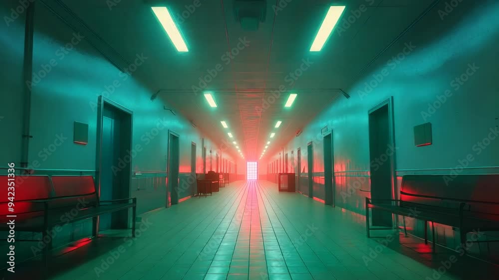 A futuristic hallway illuminated by vibrant neon lights