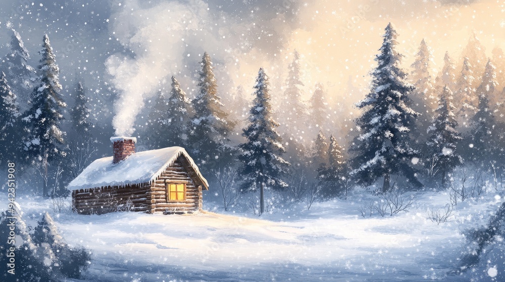 Naklejka premium A cozy winter scene of a rustic cabin nestled in a snowy forest, with smoke gently rising from the chimney, perfect for seasonal imagery with ample copy space.