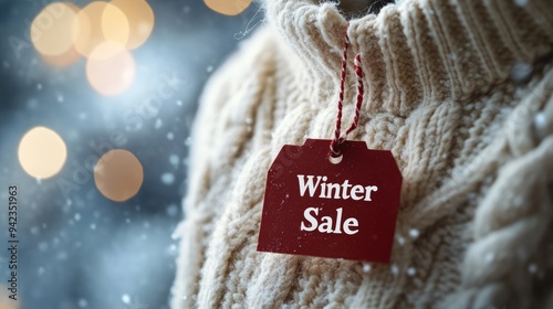 A cozy winter sweater with a "Winter Sale" tag, set against a snowy background, perfect for retail promotions.