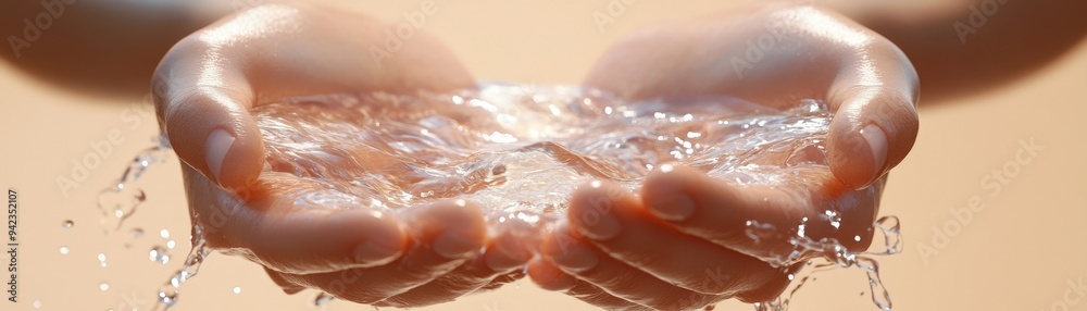 Fototapeta premium Open hands with flowing water, beige background, isolated, 3D render, mindfulness, calming, space for text