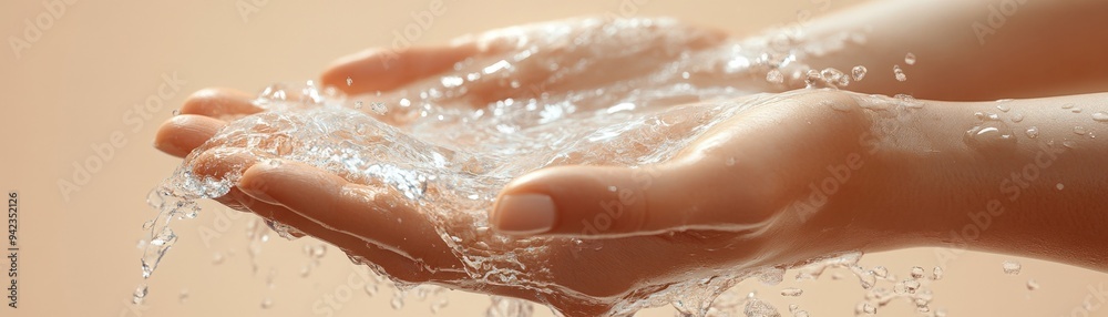 Fototapeta premium Open hands with flowing water, beige background, isolated, 3D render, mindfulness, calming, space for text