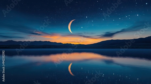 A crescent moon reflected in a still body of water, with the night sky and stars above, offering a peaceful and serene scene with space for copy.